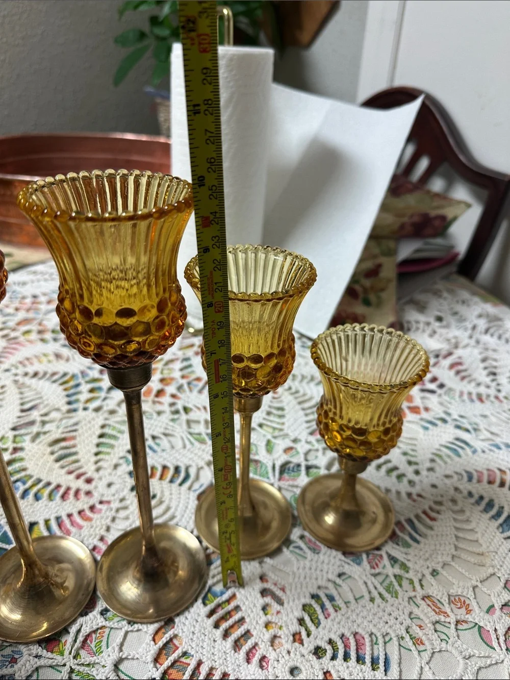 Amber Glass and Brass Candle Holders Set - Elegant Home Accents